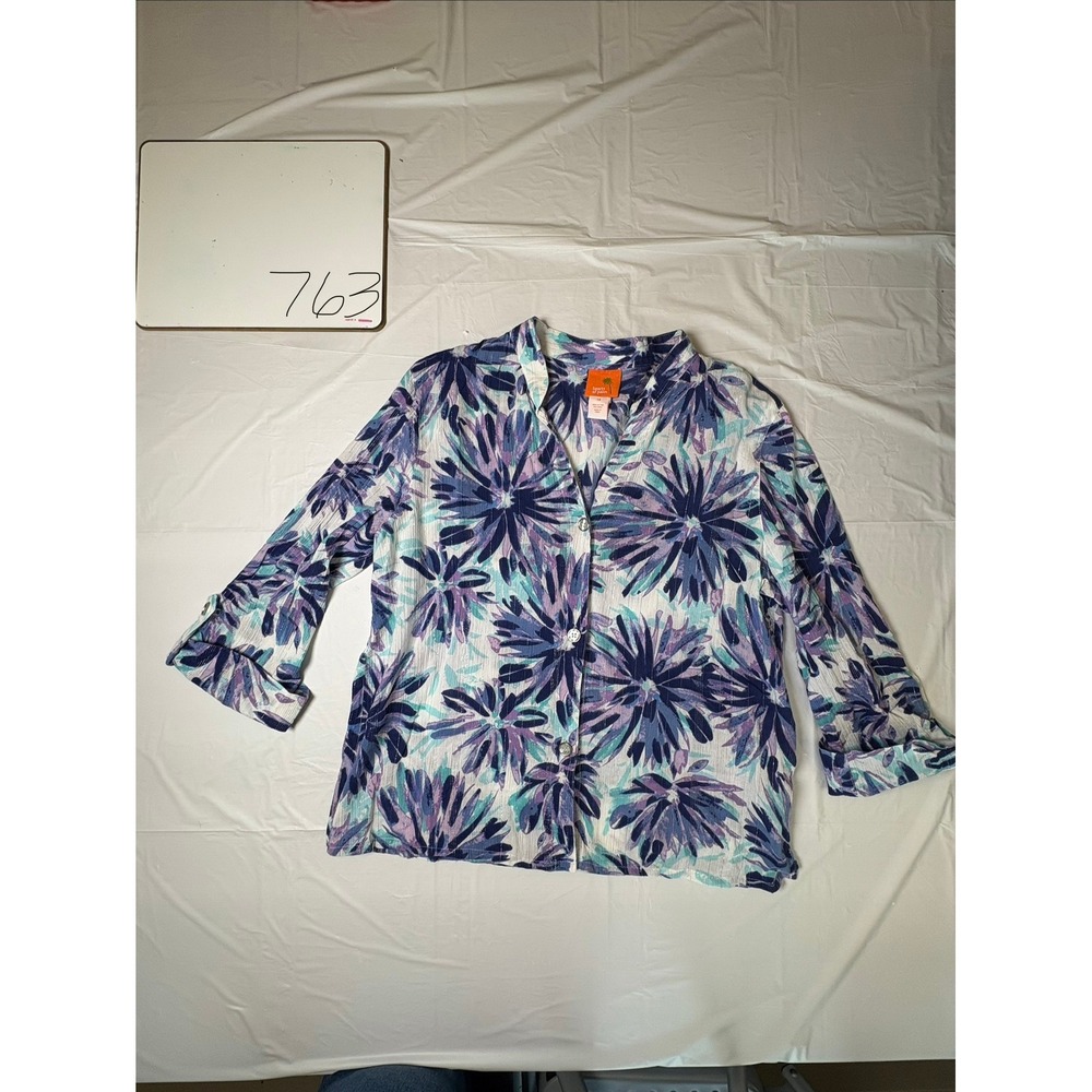 Hearts of Palm Floral Sunburst Button Up Blouse Purple Blue Lurex Shimmer Sz 14